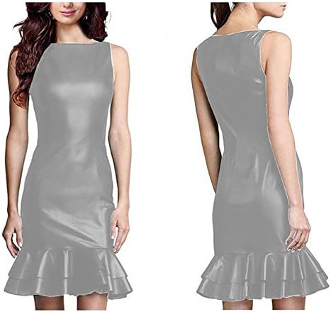 Elegant Hem Ruffles Summer Dress for Woman Sleeveless Mini Dress PU Shiny Liquid Metallic Club Dresses,Gray,S