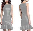 Elegant Hem Ruffles Summer Dress for Woman Sleeveless Mini Dress PU Shiny Liquid Metallic Club Dresses,Gray,S