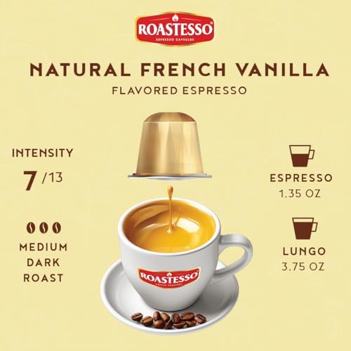 Roastesso, Aluminum Espresso Capsules, French Vanilla Natural Flavored Coffee, Compatible with Nespresso Original Machines, Medium Roast Intensity 7, Recyclable Coffee Pods, Packed in USA (40 Count)