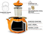 VICSKY Orange Pumpkin Cast Iron Teapot - Japanese Tetsubin Tea Kettle Stovetop Safe | Enameled Interior & Extended Infuser for Loose Leaf and Tea Bags | Cute Creative Halloween (40oz/1200ml)
