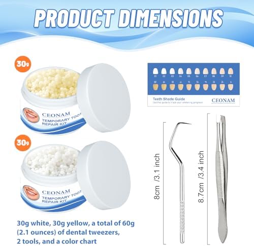 Tooth Repair Kit - 3.5 oz Temporary Fake Teeth Replacement Beads Kit in White & Ivory, Each 1.75 oz, with 3 Dental Tweezers Tools for Temporary Restoration of Missing & Broken Teeth