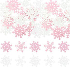 Ephlyn 60Pcs Edible Snowflake Cupcake Toppers Edible Wafer Paper Winter Frozen Theme Snowflakes Frozen Cake Decorations for Christmas Winter Holiday Frozen Theme Party Supplies Pink White