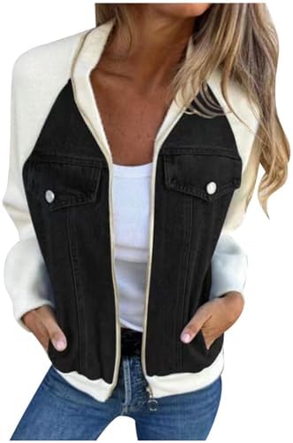 DMOYALA Denim Jacket for Women Fall Trendy Patchwork Jean Jacket Casual Long Sleeve Mock Neck Denim Coat with Pockets