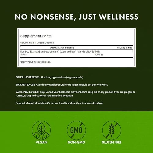 Swanson Bamboo Extract - Natural Hair, Skin and Nails Supplement - 70% Silica Content Supporting Collagen Formation & Bone Growth - (60 Veggie Capsules, 300mg Each) (2 Pack)