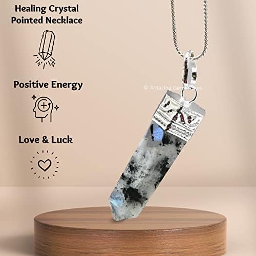 Amazing Gemstone Rainbow Moonstone Crystal Pencil Point Pendant Necklace with Adjustable Cord - Natural Healing Crystals and Stones for Men, Women