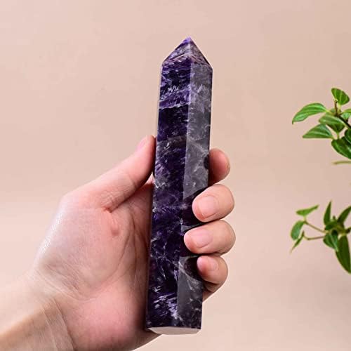 Large Natural Dream Amethyst Healing Crystal Wand 5.9-6.69" Natural Crystal Tower 6 Faceted Chakra Crystal Point Meditation Therapy Reiki Energy Stone Home Decor Collection Gift