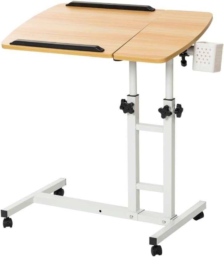 Bedside Table with Wheels, Height-Adjustable Laptop Desk, Computer Workstation, Bed Side Table, Tiltable Table and Mouse pad for Laptop-Light Brown