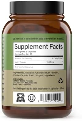 Organic Inulin Capsules 520mg - Organic Inulin Powder Fiber from Jerusalem Artichoke, Prebiotic Fiber Support for Gut Digestion, Clean Plant Based Formula, Vegan Non GMO, 100 Capsules Made in USA