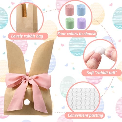 Motipuns 36 Set Easter Bunny Bags, Bunny Paper Gift Treat Bags Cute Candy Goodie Brown Kraft Party Favors Supplies Crafts for Birthday Wedding Party
