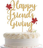 Happy Friendsgiving Cake Topper, Fall Theme Thanksgiving Cake Decor, Maple Leaves Friendsgiving Party Decoration, Give Thanks, Happy Thanksgiving Party Decoration Gold & Red Glitter