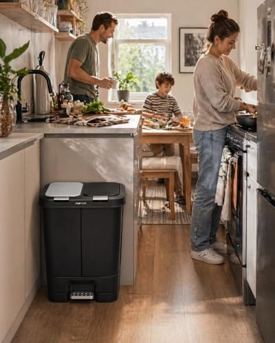 Step N' Sort 2 x 5.5 Gallon, Dual Trash and Recycling Bin with Slow Close Lid,Black,40 Liter,SNS402-B