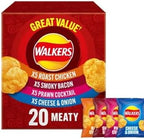 Walkers Meaty Variety Pack Crisps, Roast Chicken, Smoky Bacon, Prawn Cocktail, Cheese & Onion Flavors, 20 Single Bags, 25g Each
