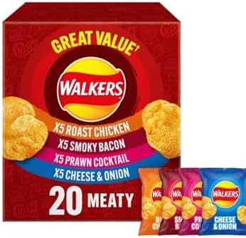 Walkers Meaty Variety Pack Crisps, Roast Chicken, Smoky Bacon, Prawn Cocktail, Cheese & Onion Flavors, 20 Single Bags, 25g Each