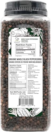 Soeos Organic Black Peppercorns, 18oz (Pack of 1), Non-GMO, Kosher, Packed to Keep Peppers Fresh, Peppercorn for Grinder Refill, Whole Peppercorns