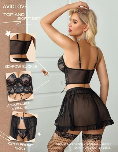 Avidlove Women Lingerie Sets Garter Belt Lace Bralette Open Front Mini Skirt with G-String