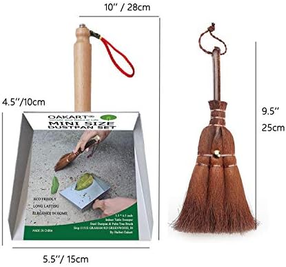 Mini Metal Dustpan and Brush Set, Natural Bristle Palm Broom, Stainless Steel Pan, Heat-Safe for Fireplace Ash Cleaning, Anti-Static, Eco-Friendly