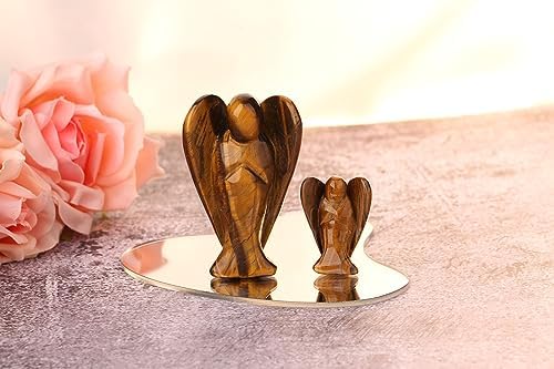 QINJIEJIE 3" Tiger Eye Crystals Angel Decor Healing Guardian Angel Desk Stone Figurine Big Gemstone Statue Home Office Energy Decorations Gifts for Women Men