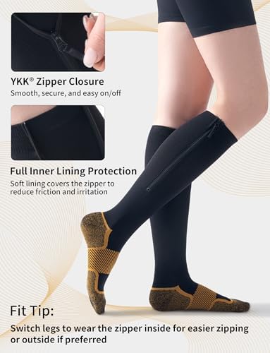 Medical Zipper Compression Socks 20-30 mmHg for Women & Men (2 Pairs) - Easy On Copper Compression Socks for Circulation, Swelling, Odor Control, Athletic, Travel, Flying