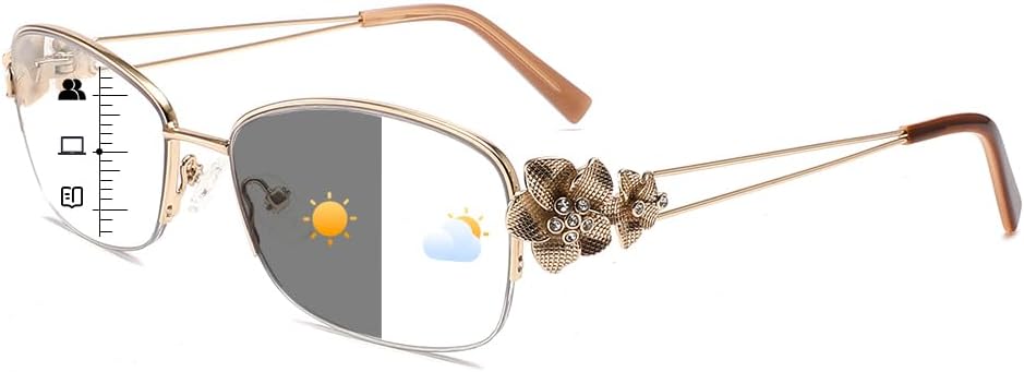 Photochromic Progressive Multifocal Reading Glasses for Women, Stylish Metal Half Frame Blue Light Blocking Sunglasses