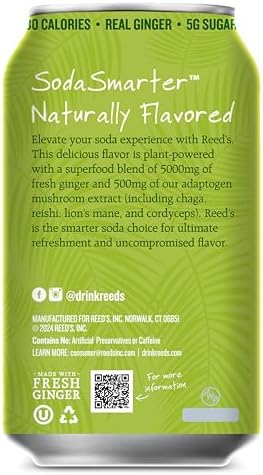 Reed's Ginger Lemongrass Functional Soda - Organic Ginger, Adaptogen Mushroom Blend, Prebiotics - 12oz Cans, 12-Pack