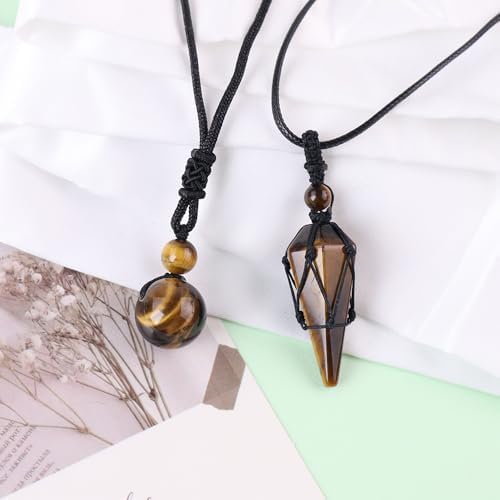 weryerker 2pcs Natural Crystal Stone Pendulum Hexagonal Pointed Cone Pendant, 16mm Stone Bead Pendant for Women and Men Necklace