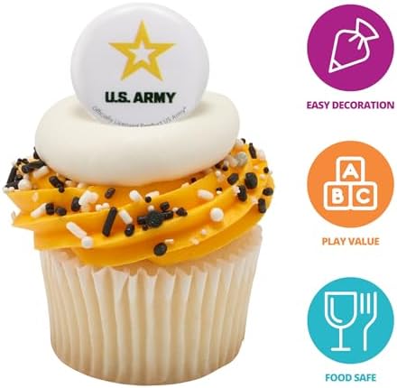 US Army Cupcake Toppers, 24 United States Army Official Logo Cupcake Rings, Food Safe U.S. Military Cake Decorations - 24 Pack