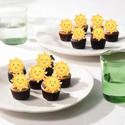 60 PCS Edible Sun Cupcake Toppers Wafer Paper Sunflower Smile Face Cupcake Picks Edible SunShine Cupcake Decorations for Baby Shower Kids Boys Girls Birthday Wedding Party Cake Decorations Supplies