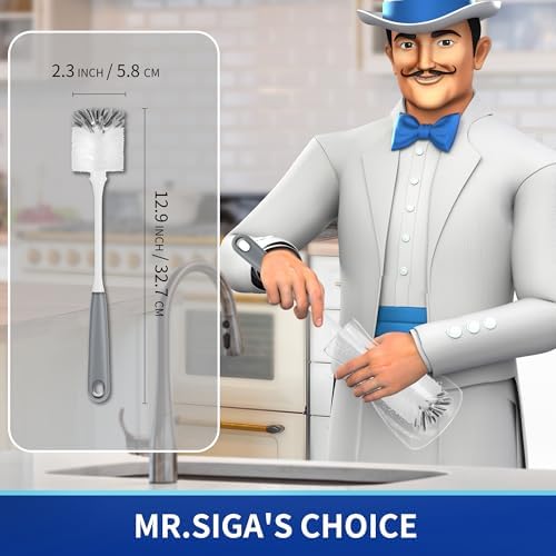 MR.SIGA Long Handle Bottle Brush, Flexible Scrub Brush for Water Bottles, Glasswares, Mugs, Gray, 2 Pack