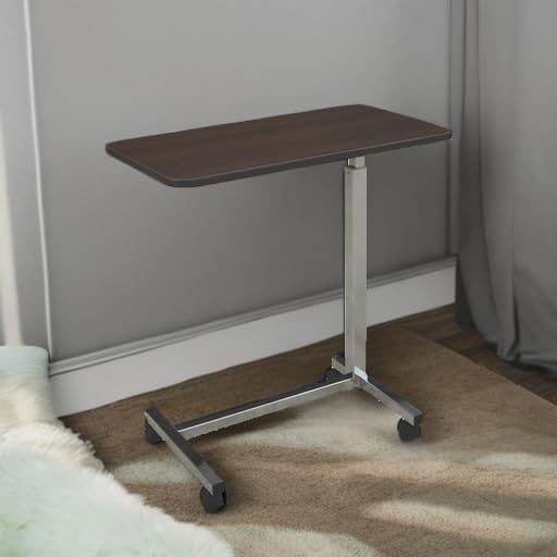 Medline Economy Overbed Table with Wheels - Versatile Use for Home, Nursing Home, Assisted Living or Hospital - Walnut Top, Silver Hammertone Base - Adjustable & Portable