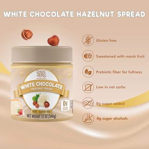 ChocZero Keto White Chocolate Hazelnut Spread - Keto Friendly, No Sugar Added, Best Low Carb Dessert, Perfect Topping for Breakfast, Naturally Sweetened with Monk Fruit (1 jar, 12 oz)