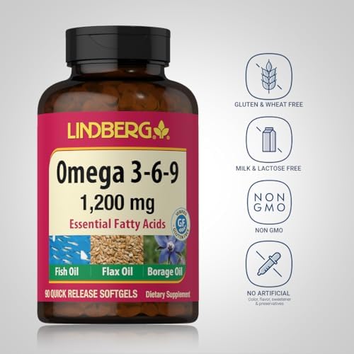 Lindberg Omega 3 6 9 Supplements | 1200mg | 90 Softgels | Essential Fatty Acids | with Fish, Flax, and Borage Oil | Non-GMO, Gluten Free