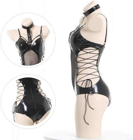 SINROYEE Women’s Teddy Bodysuit Sexy Lace Up Leather Pu Nightshirt Nightout One Piece ClubwearSexy cosplay Lingerie