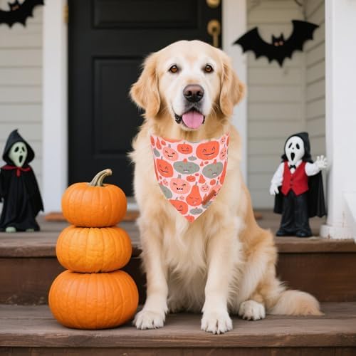 ADOGGYGO Halloween Dog Bandanas 2 Pack, Orange Pumpkin Pet Scarf, Multi Size, Adjustable Fit Halloween Bandanas for Medium Large Dogs (Large)