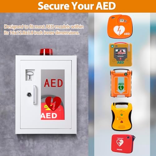 AED Defibrillator Cabinet with Alarm, Wall Mounted AED Medicine Cabinet with Lock Fits All Brands AED Defibrillator 12.8 x 6.7 x 16.1 inch