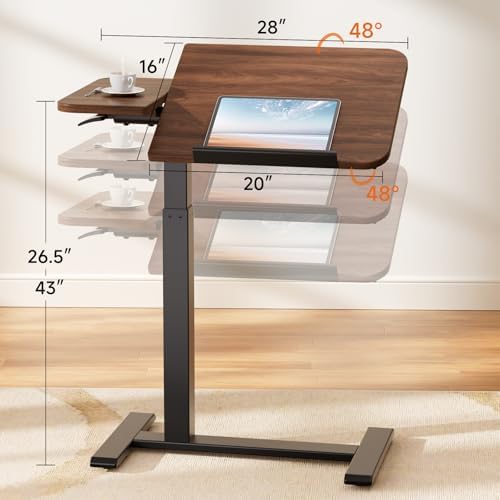 GTPLAYER Overbed Bedside Table with Wheels,Tiltable Hospital Bed Table Over The Bed, Pneumatic Adjustable Rolling Laptop Desk, Mobile Standing Desk for Hospital and Home Use (Walnut)