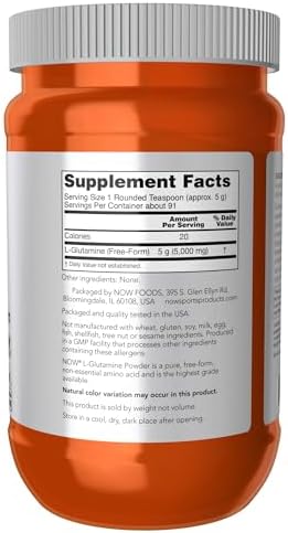 NOW Foods Sports Nutrition, L-Glutamine Pure Powder, Nitrogen Transporter*, Amino Acid, 1-Pound