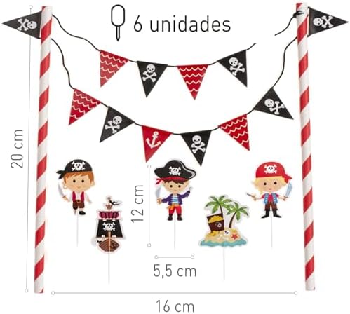 Dekora Pirate Cake Topper Kit, PVC Pirate Ship & Character Decorations for Cakes, Cupcakes & Desserts, Easy to Use, Reusable, Box of 12, 142 × 205 × 165 MM