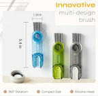 Multifunctional 3-in-1 Cleaning Brush for Cups, Bottles & Keyboards – Portable Glass & Lid Gap Cleaner for AirPods, Hard-to-Reach Corners – ABS & Silicone Compact Design (Blue/Dark Grey/Green).
