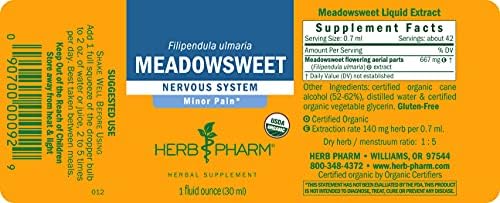 Herb Pharm Certified Organic Meadowsweet Liquid Extract Drops for Minor Pain, 1 Oz
