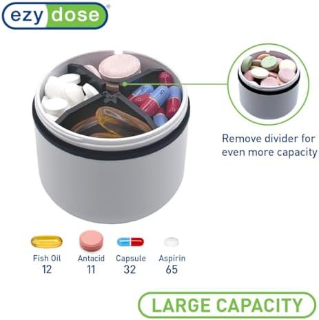 EZY DOSE Mini Vitamin Organizer, Multi Compartments, Portable and Compact Design, Easy Access Sliding Pill Dispenser, Supplement Organizer with Anti-Mix Design, Travel-Sized, White and Black, Medium
