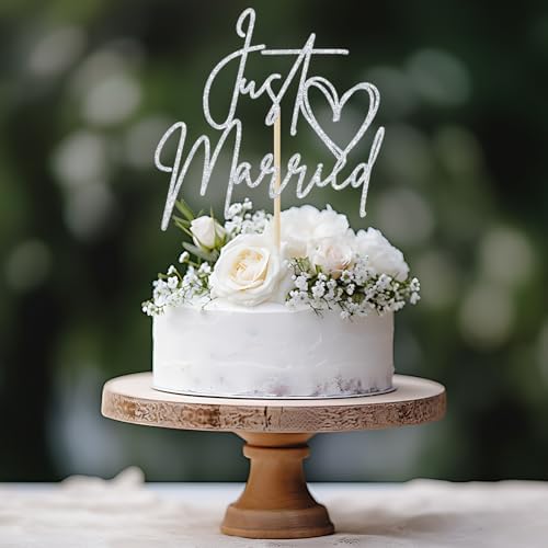 Just Married Cake Topper, Wedding Cake Decor,Just Engaged, Bride to Be, Bridal Shower Wedding Engagement Bachelorette Party Decorations (Silver Glitter)
