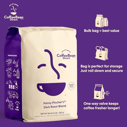 Coffee Bean Direct Penny Pincher's® Dark Roast Blend, Whole Bean Coffee, Bold and Versatile, Dark Roast, 5 Pound Bag (Pack of 1)