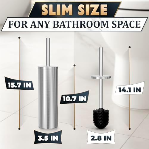 Stylish Stainless Steel Toilet Brush and Holder Set - Silver Toilet Bowl Brush and Holder with Splash Cover, Sturdy Bristles, Corrosion & Scratch Resistant - Elegant Design, Effective Deep Cleaning