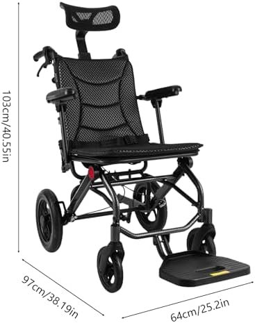 Lightweight Reclining Travel Wheelchair, Folding All Terrain Reclining Transport Wheelchair with Seat Belt and Headrest, Portable Wheel Chair 286.6 lbs Adjustable Backrest & Headrest