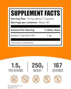 BulkSupplements.com Acetyl L-Carnitine Powder - as ALCAR HCl, Carnitine Supplement - Gluten Free, 1.5g per Serving, 250g (8.8 oz) (Pack of 1)