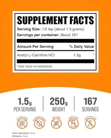 BulkSupplements.com Acetyl L-Carnitine Powder - as ALCAR HCl, Carnitine Supplement - Gluten Free, 1.5g per Serving, 250g (8.8 oz) (Pack of 1)