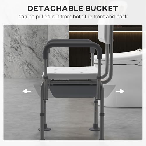 HOMCOM 3-in-1 Shower Chair, Height Adjustable Bedside Commode with Back and Arms, Raised Toilet Seat with Non-Slip Rubber Foot Pad for Seniors, Disabled, White