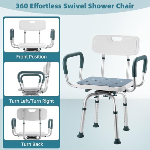 Swivel Shower Chair with Arms and Back, 400 lbs Heavy Duty Shower Stool for Inside Shower Stall and Bathtub, Height Adjustable Rotating Shower Chair Seat for Elderly, Adults, Handicap and Disabled