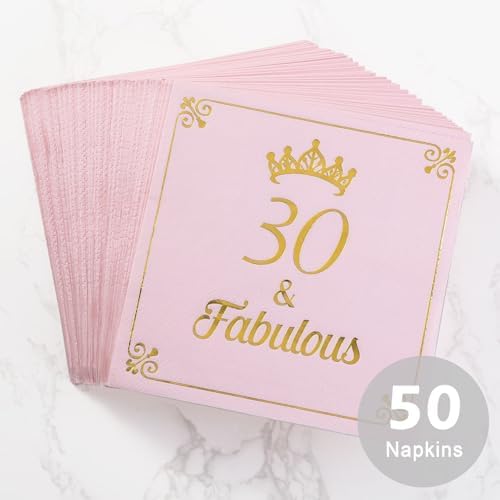 30th Birthday Cocktail Napkins for Women Her, 30th Birthday Party Decorations, Pink Beverage Napkins for Cake Dessert Table, 30th Birthday Party Supplies, 50 Pcs Disposable Napkins, 3-Ply