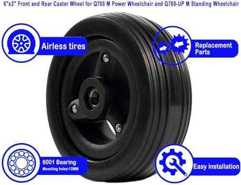 6"x2" Caster Wheel Assembly,6"x2" Front and Rear Caster Wheel for Q700 M Power Wheelchair and Q700-UP M Standing Wheelchair Replacement Wheels Parts,Polyurethane Solid Tires,W/Bearings,Black,1Pr.